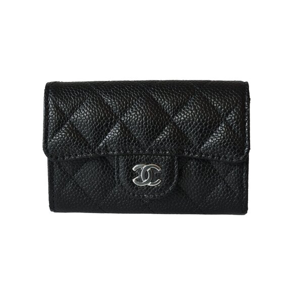 Chanel CC Quilted Caviar Flap Card Holder Wallet Black Silver - Picture 1 of 5